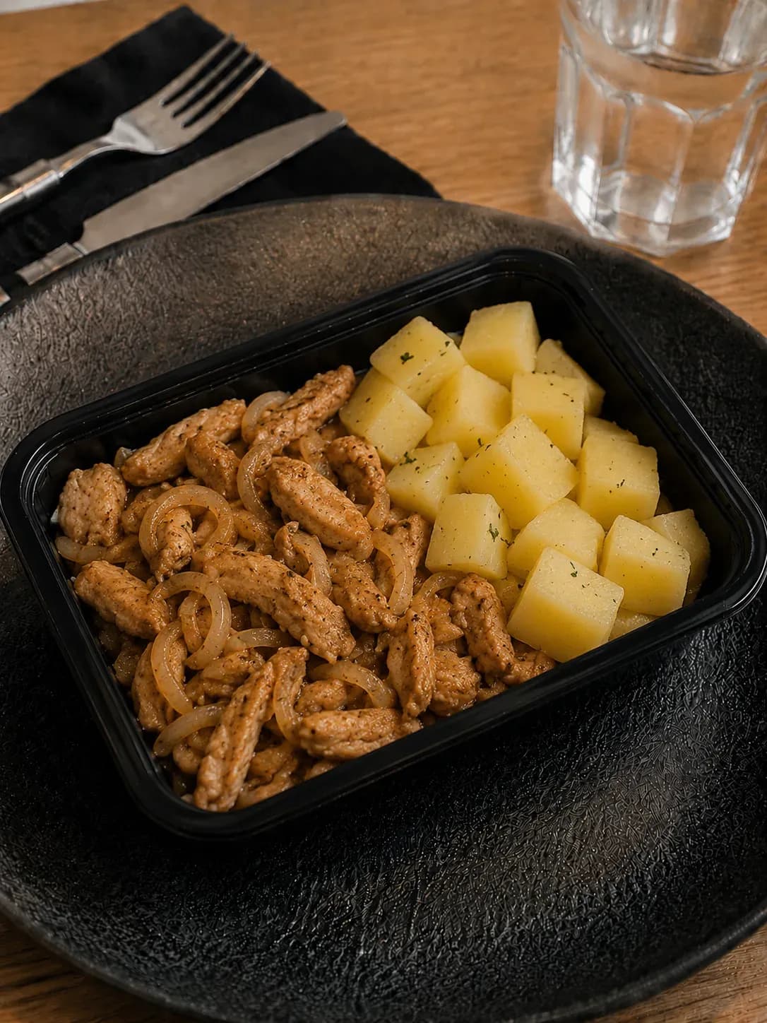 Iscas de frango refogada aceboladas e batata inglesa no vapor