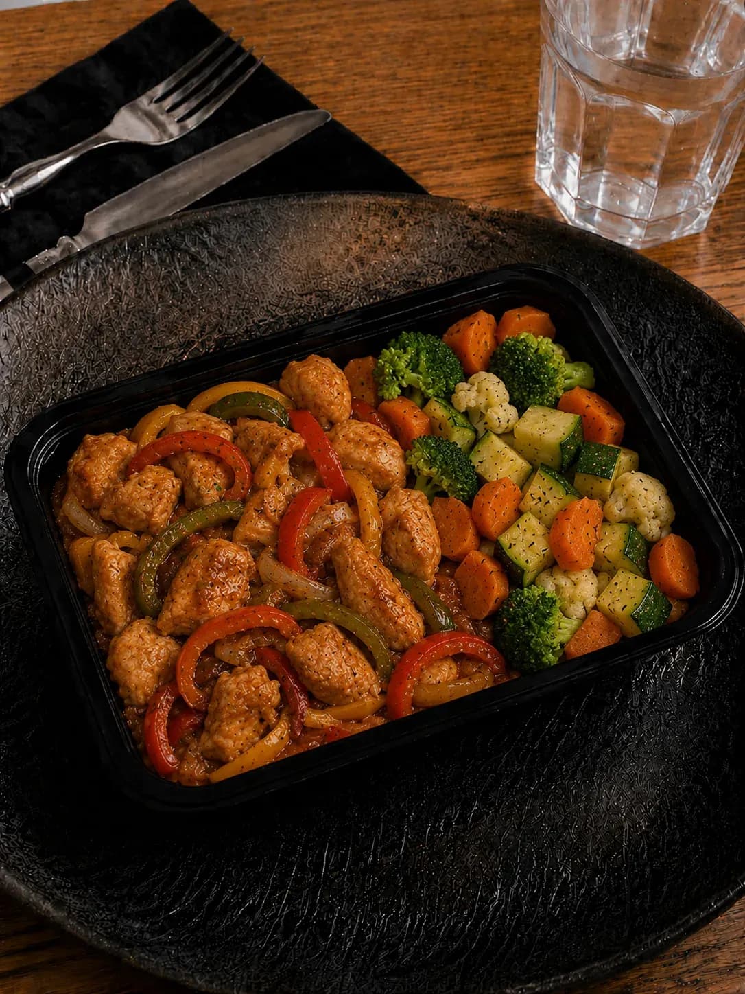 Iscas de Frango Refogado com Pimentões Coloridos e Cenoura no Vapor